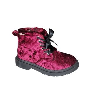 BEBE GIRLS burgundy crushed velvet lace up combat boots